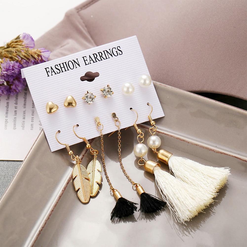 6 pairs Women Fashionable Bohemian Tassels Romantic Earrings Flower Pattern Earrings