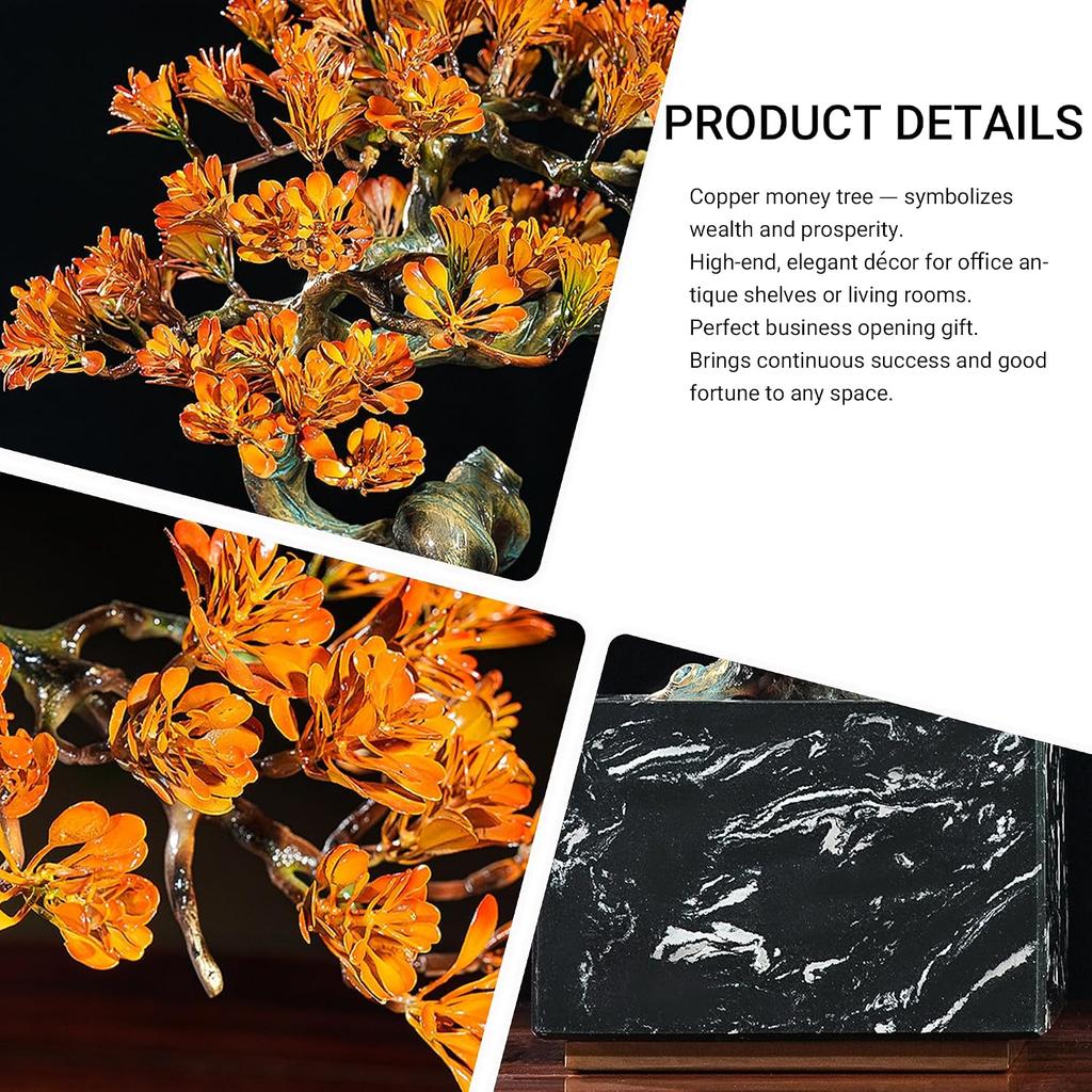 Aris & Juno Hand-Painted Copper Golden Pine Tree Sculpture with Marble Base, Traditional Chinese Wealth & Resilience Symbol, Feng Shui Office Desk