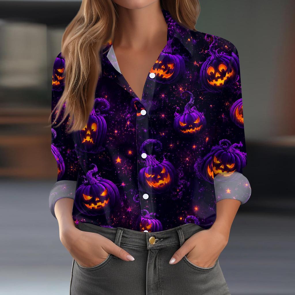Women's Halloween Print Long Sleeve Button Down Shirt Casual Blouse