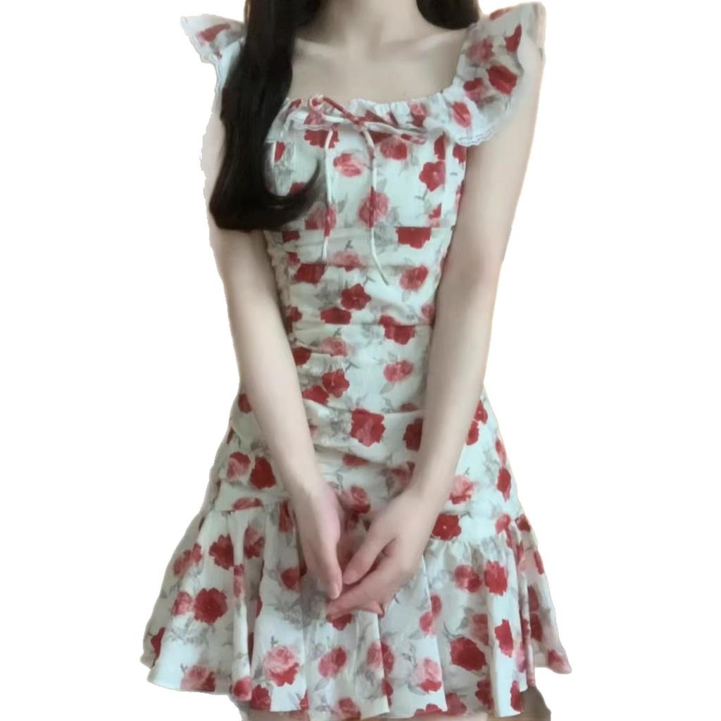 French vacation style red vacation white retro floral dress waist thin summer beautiful small fly sleeve skirt