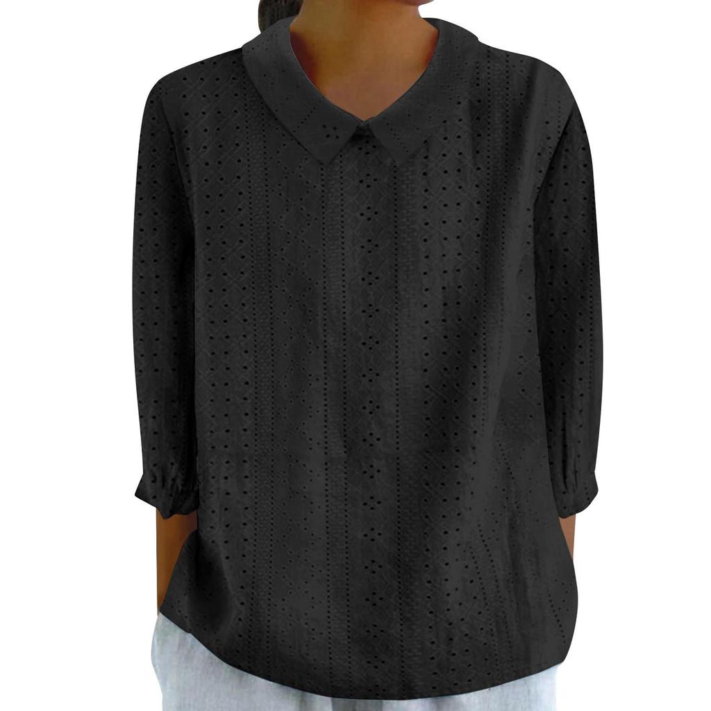 Button-Down-Hemden für Damen, Ösen-Spitzenkragen, 3/4-Ärmel, einfarbig, lässig, lockere Passform, bequem, für den Herbst, für den Alltag