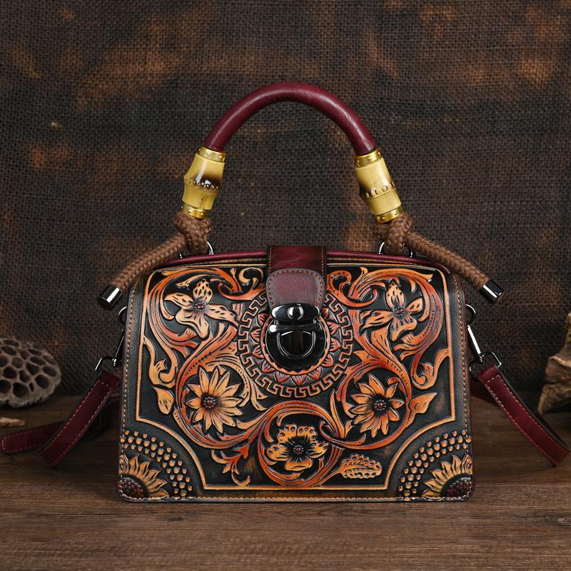 Johnature Vintage Luxury Handbag Handmade Leather Carved Women Bag Versatile Female Shoulder & Crossbody Bags