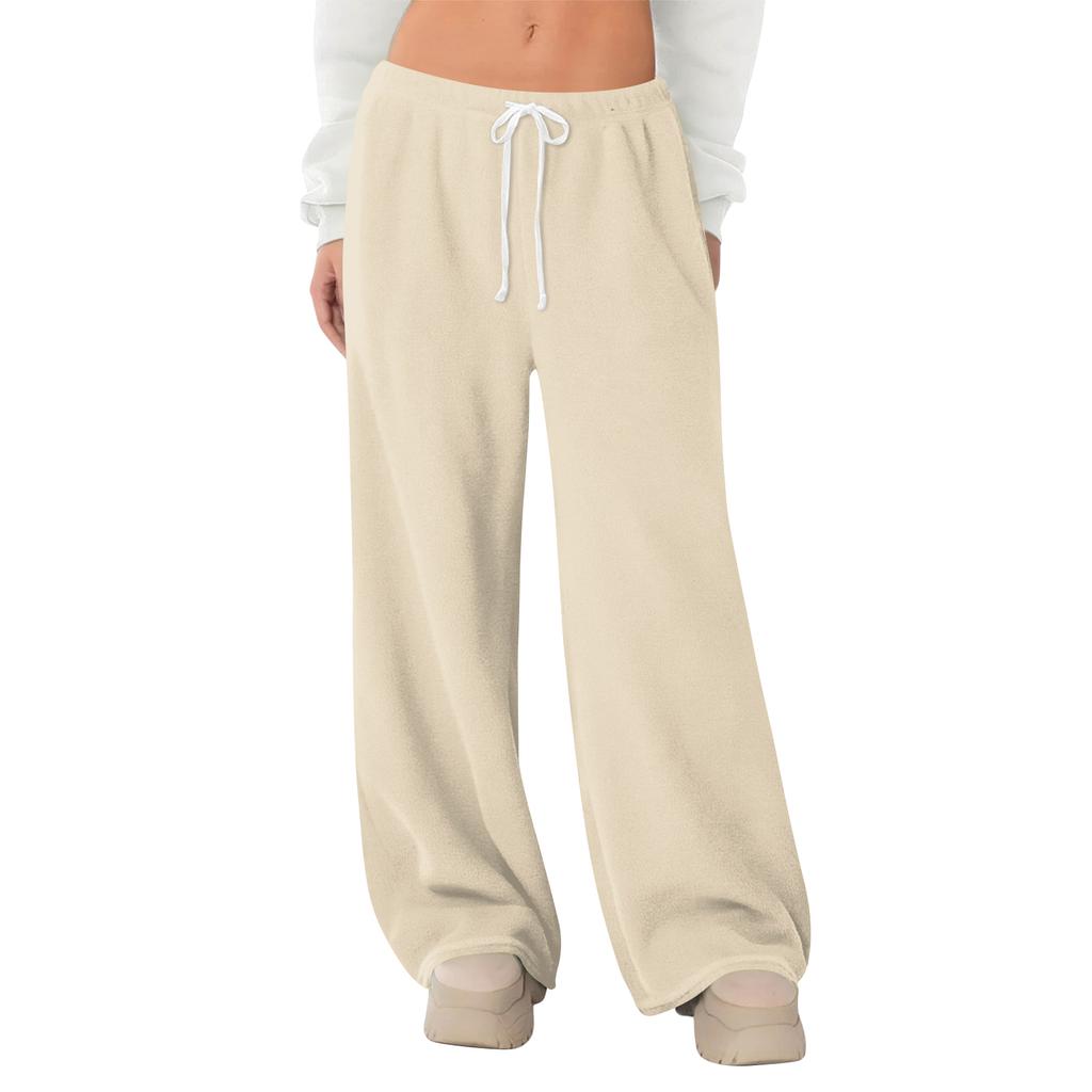 Women's Fleece Wide Leg  Elastic Waist Drawstring Loose Pants Drawstring Pajama Pants Sleepwear Trousers