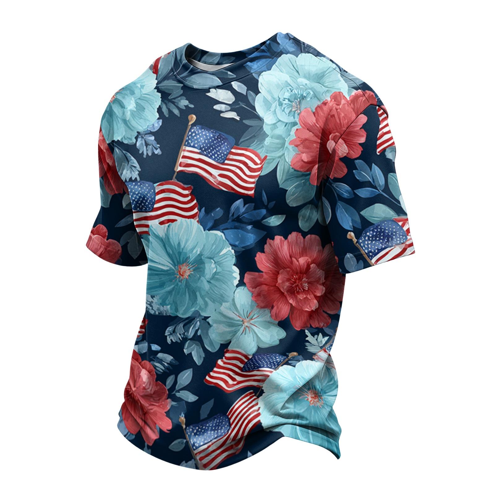 

Men s Casual Quick Dry Lightweight Mesh Breathable Short Sleeve Crew Neck Shirt with Floral and Flag Print Suitable for Outdoor Activities XXL червоний
