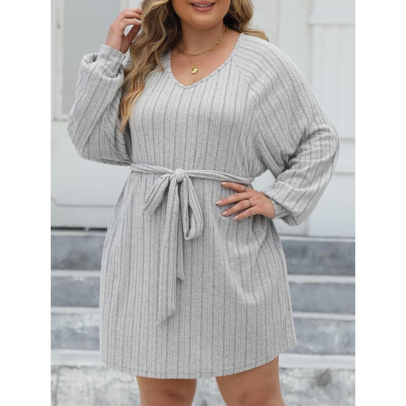 

Женское платье на завязках, большого размера, женская одежда, рубчатое, с V-образным вырезом, повседневное базовое платье, простое платье 2XL серый