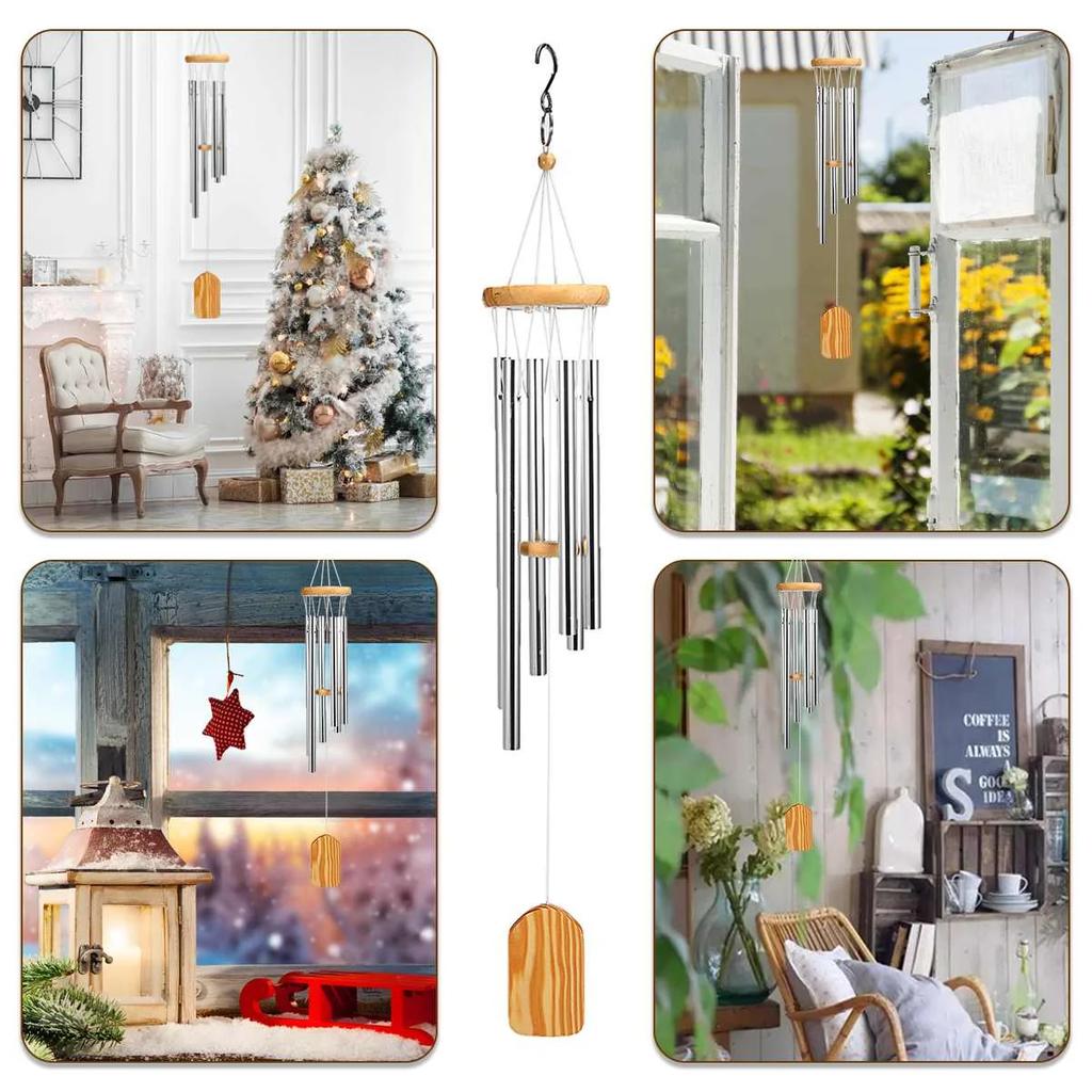 6 Metal Tubes Silver Wind Chimes for Outdoor Garden Yard Patio Home Decoration and Gift