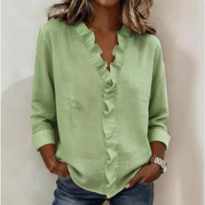JPNTKY Women's Fashion Casual Solid Color Print Long Sleeve V-Neck Blouses & Shirts