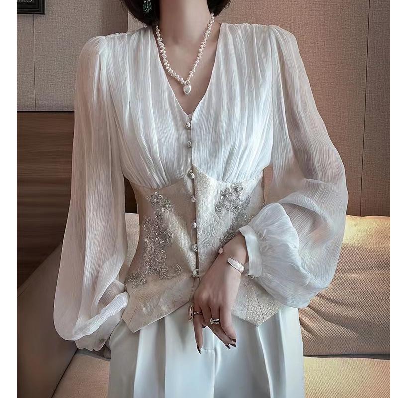 Elegant V-Neck Lantern Sleeve Silk Top - Women's Palace Style Spring Shirt