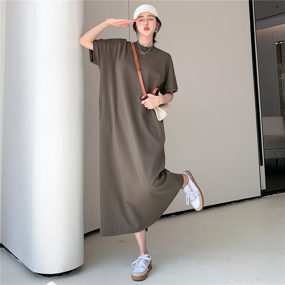 

DIMANAF 2025 Летнее женское платье больших размеров из винтажного базового хлопкового однотонного свободного покроя, длинное платье свободного покроя, новое 3XL серый