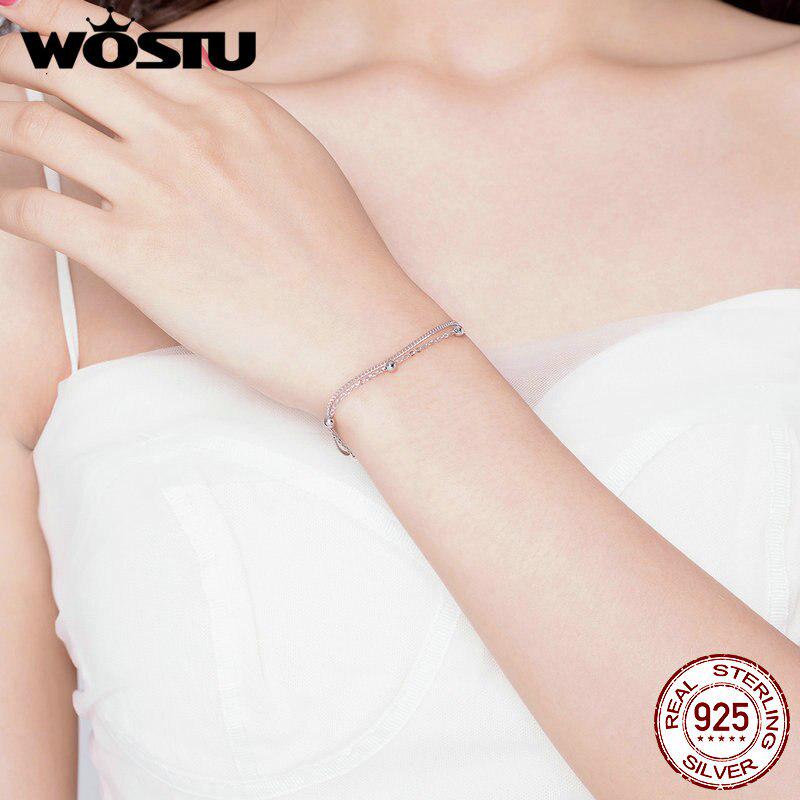 WOSTU Parallel Chains With Silver Bead Bracelets 925 Sterling Silver For Women Chain Link New Design