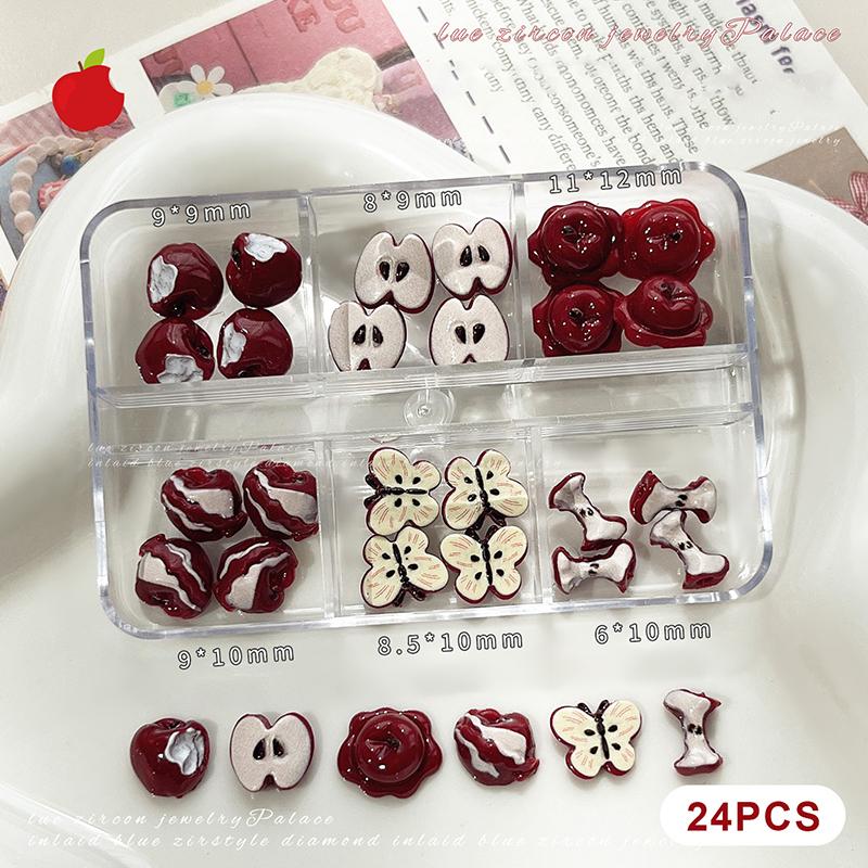24Pcs/Box Creative Red Apple Resin Nail Charms Fruit Flatback Nail Art Slices Sweet Accessories For Diy Nail Art Decorations