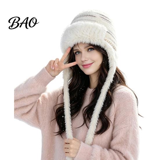 Travel Essential Headgear Women Trapper Hat, Wool Blend Knitted Hat with Ear Flaps, Fuzzy Cold Weather Headwear Trim, Warm Winter Knit for Hiking
