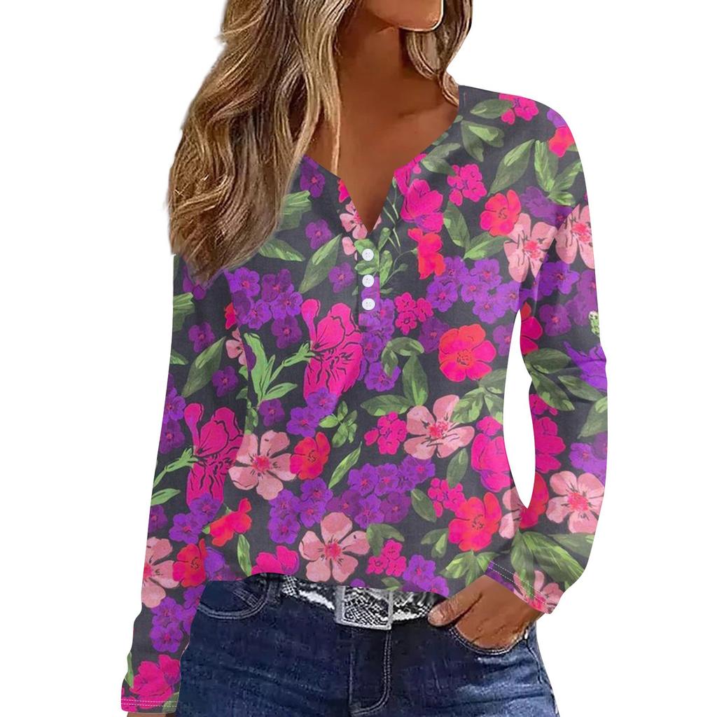 Damenmode, lässig, bedruckt, V-Ausschnitt, lange Ärmel, zum Zuknöpfen, T-Shirt