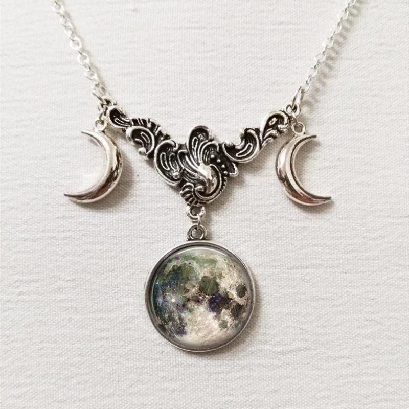 Triple Moon Silver Necklace with Full Moon and Crescent Pendant