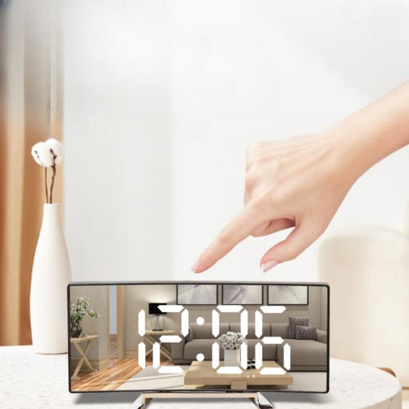 Large Screen Curved LED Digital Mirror Clock Stylish Arched Design Multifunctional Desktop Night Light Electronic Clock for Home