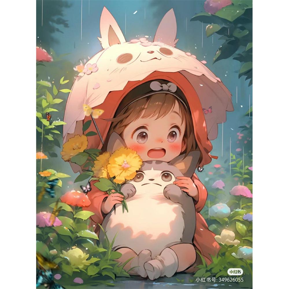 Japanese Anime Diamond Painting, Hayao Miyazaki Totoro with Diamond Embroidery, Girl Flower Handmade DIY Mosaic Home Decoration