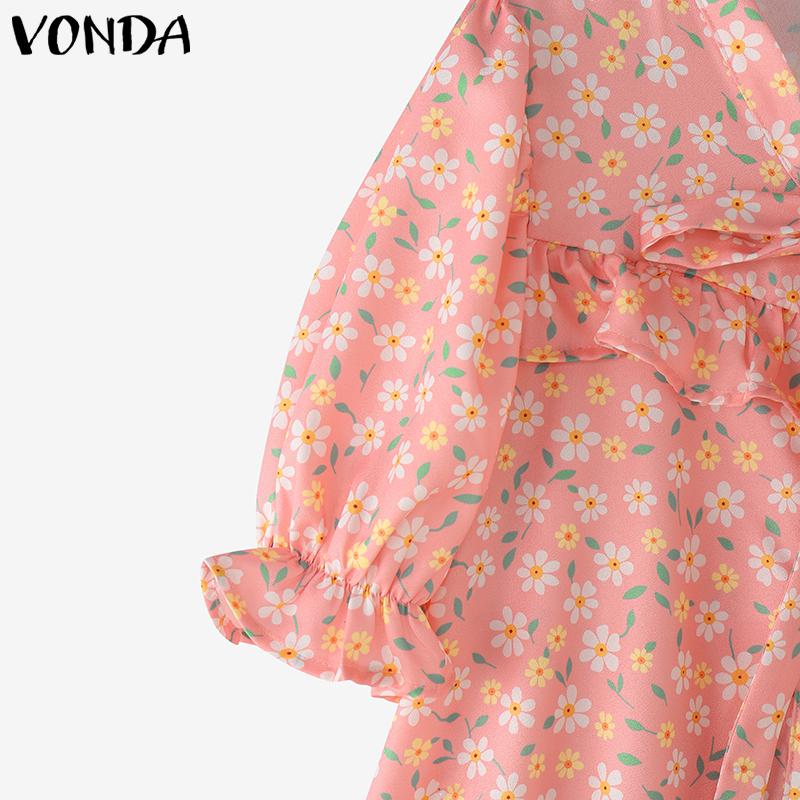 VONDA Elegant Women Floral Print Blouse Casual Puff Sleeve V Neck Ruffled Tops