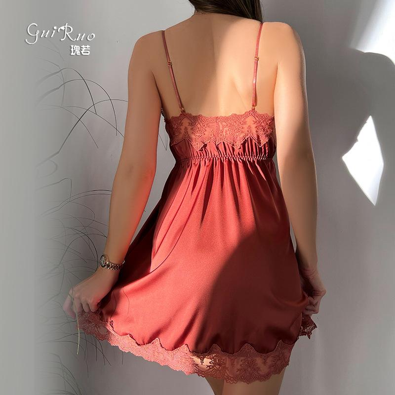 Women's Satin Mesh Deep V Comfy Cami Sleep Dress with Robe Lounge Set