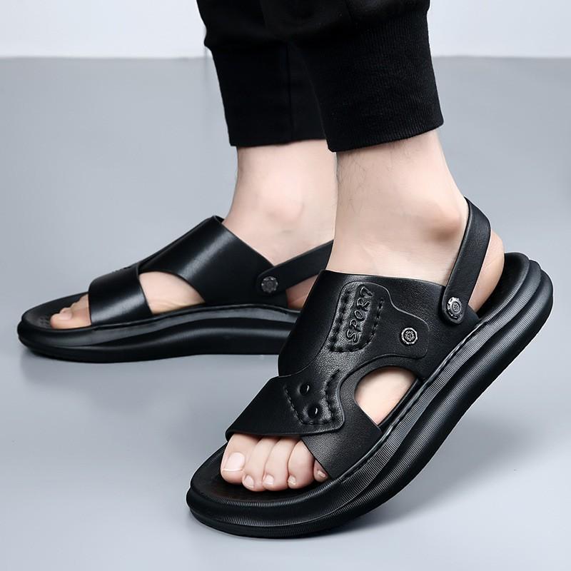 Mens Genuine Leather Slide Sandals Breathable Anti-Slip Outdoor Beach Shoes With Rear Strap