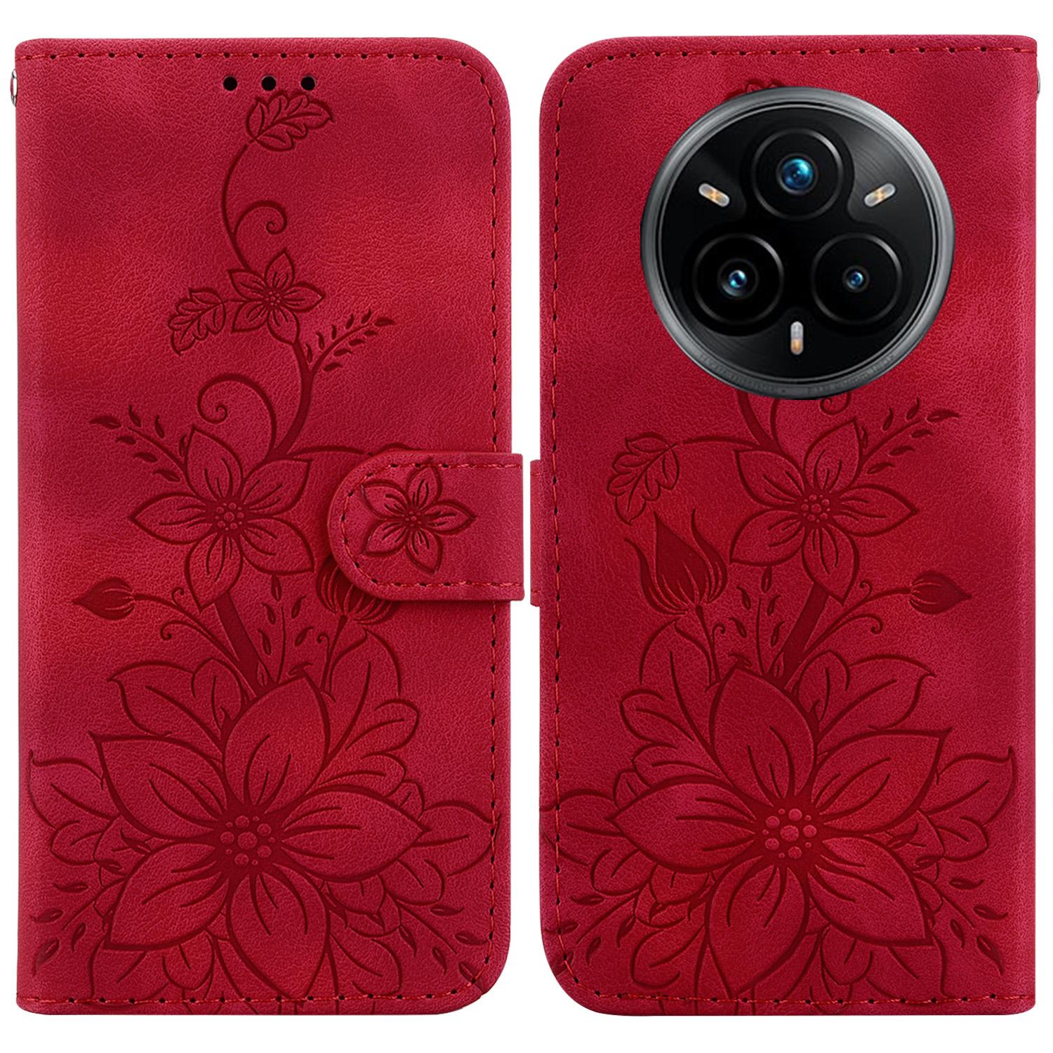 

For Realme 14 Pro+ 5G Case Lily Flower Imprint Leather Phone Cover with Stand Red