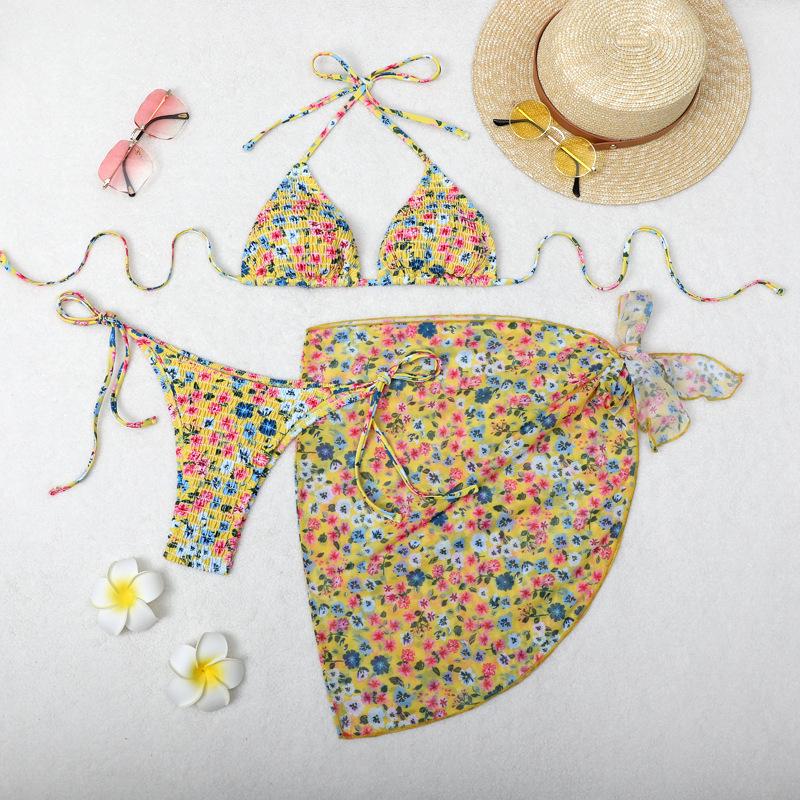 Europäisches und Amerikanisches Bedrucktes Dreiteiliges Bikini-Set mit Gaze-Rock - Sexy Urlaubs-Badeanzug