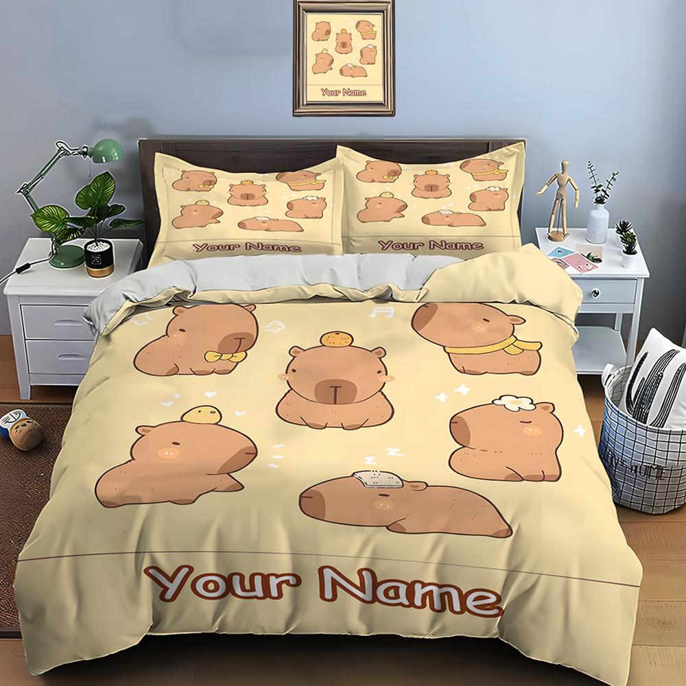 Comforter Personalization Custom Name Cartoon Capybara Print 3 Pieces Setting Bed King Size Bedroom Bed Set Gifts