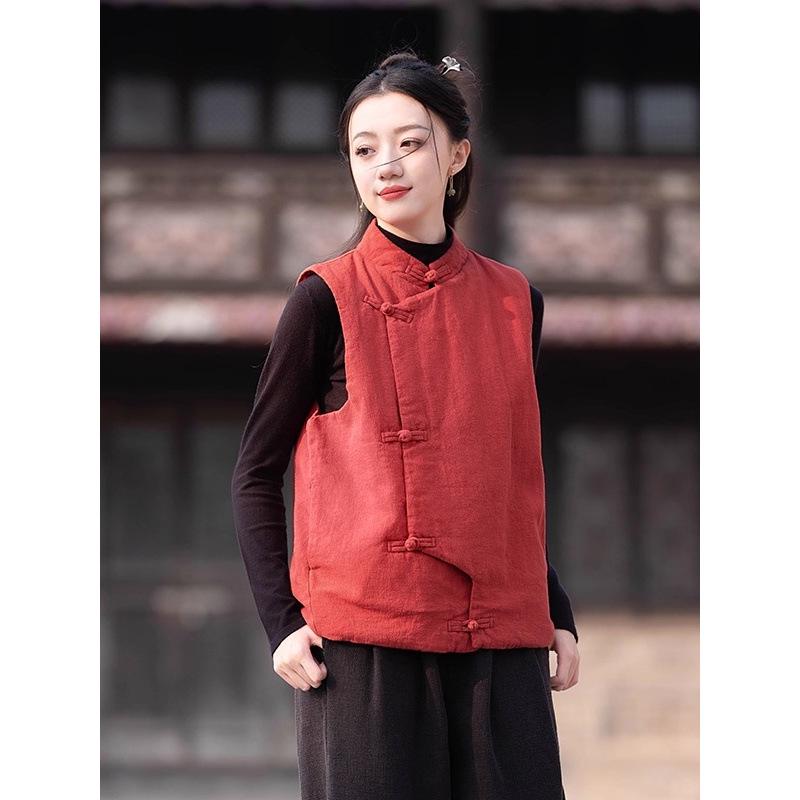 Women s 2025 Winter Ethnic Style Retro Cotton Vest with Stand Collar and Handmade Frog Buttons XL