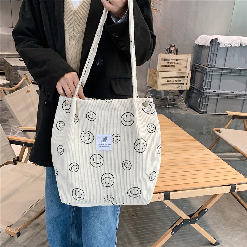 Vintage Corduroy Smiley Shoulder Tote Bag Female Student Class Canvas Bag Simple Handheld Bag Bag