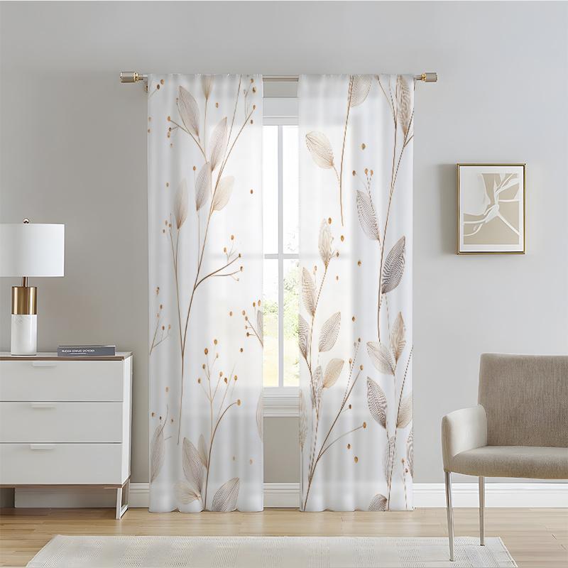 2PCS Sheer Curtains, Beige and Gold, Delicate Botanical Leaves and Branches Pattern, Suitable for Bedroom and Living Room