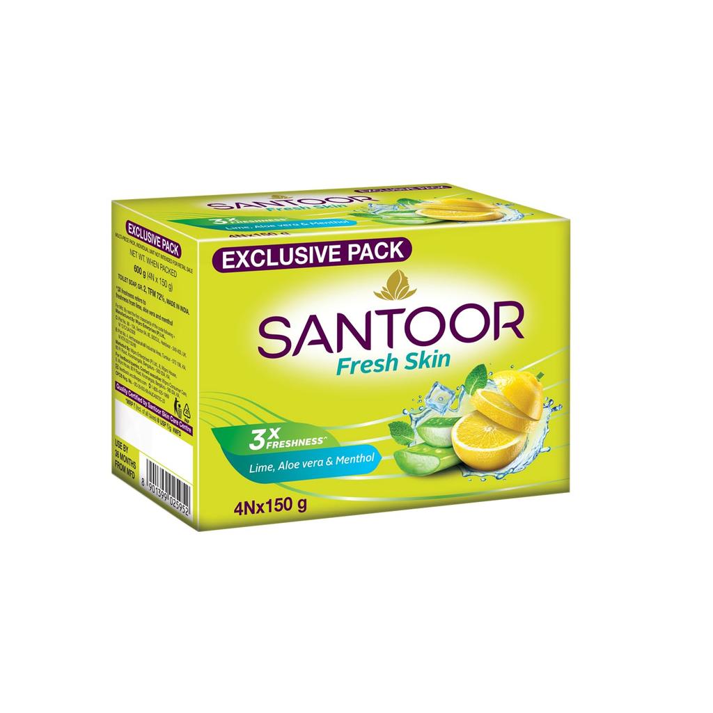 Santoor Fresh Skin Bathing Soap Lime Aloe Vera Menthol Combo Pack For Daily Body Cleansing Soft Smooth Glowing Skin 150GX 4N