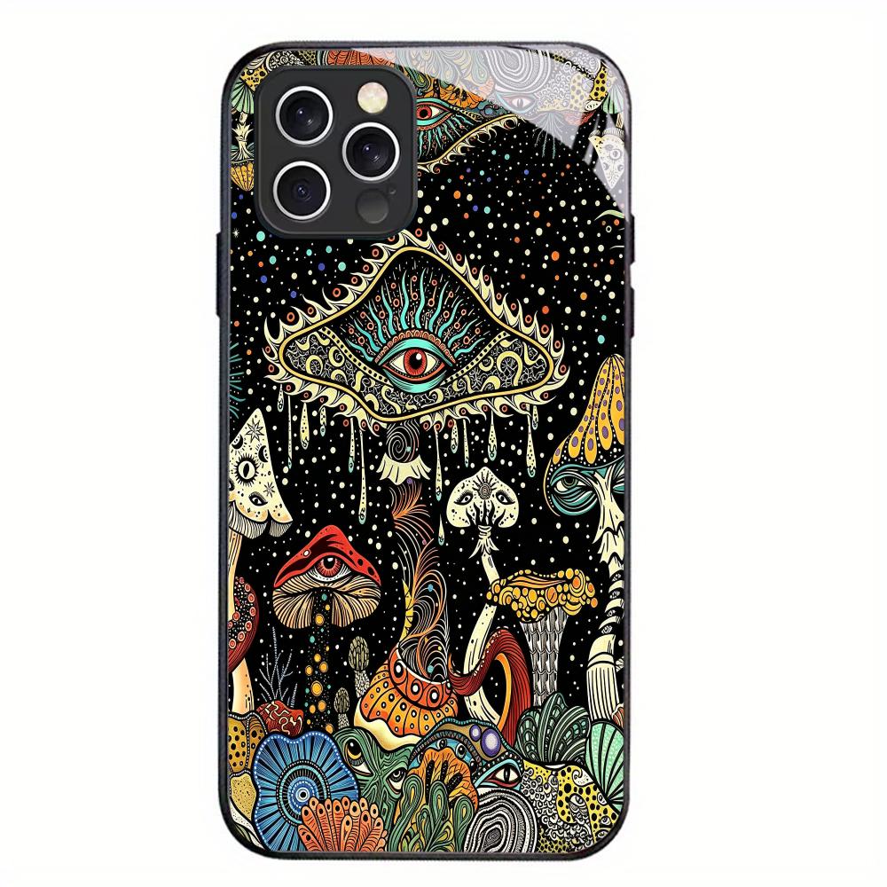 Psychedelic Eyes Black Tempered Glass Phone Case For iPhone 17 16 15 14 13 12 11 Pro Max Plus Soft Silicone Bumper Back Cover