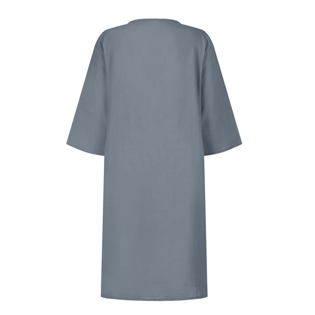 Women'S Retro Solid Color V-Neck Mid-Sleeve Tunic Dress - Easy-Care Knee-Length All-Season Comfort Non-Stretch
