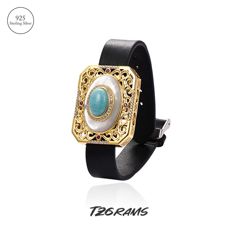 

Большой преувеличенный браслет из стерлингового серебра 925 пробы, квадратный полый резной амазонитовый агатовый браслет, ремешок для часов, модные ювелирные изделия