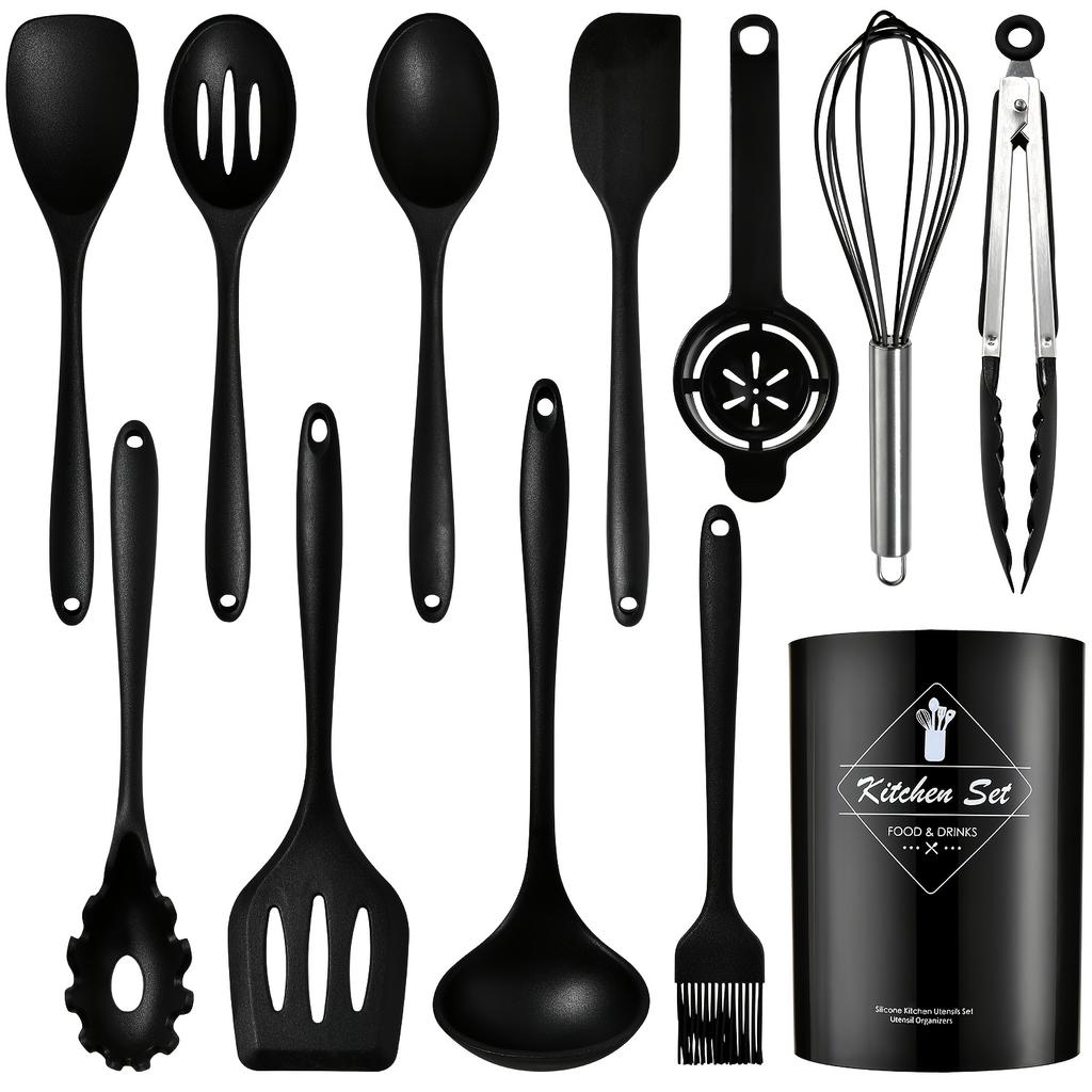 Silicone Kitchen Utensil Set - Non-stick Cooking Tools with Storage Bucket - Including Spatula, Stirrer, Food Picker, Baking Accessories
