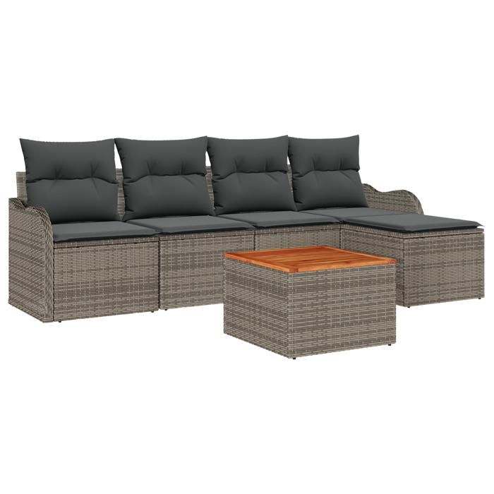 VidaXL Ensemble de Canapés de Jardin de 6 pièces avec Coussins Gris Rattan Poly Acacia 3356109