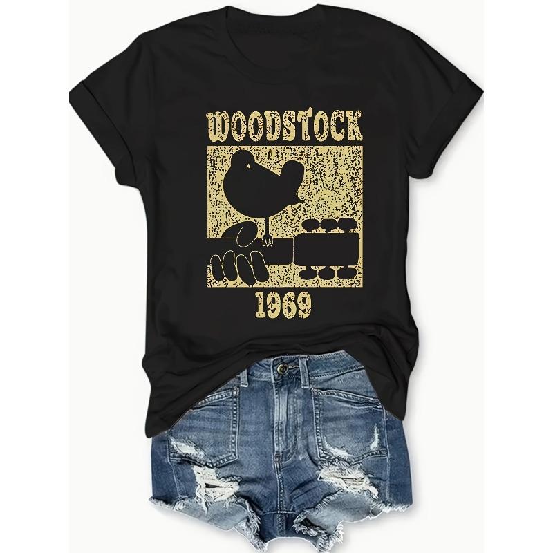 

Женская стильная футболка с принтом букв в стиле Вудсток, с круглым вырезом, коротким рукавом, удобная, повседневная, для ежедневной носки, стильный топ для многослойности S чёрный