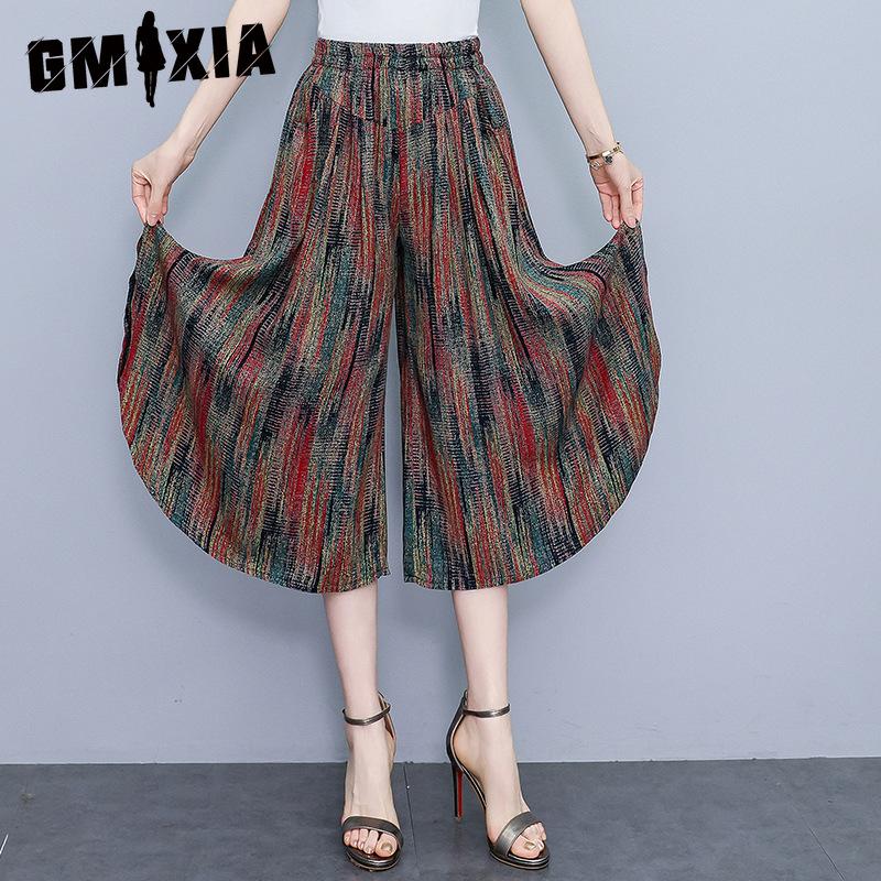 

GMXIA 9 Color Summer Plus Size Wide Leg Pants Women Loose Bohemian Summer High Waist Trousers Female Pants XL-4XL XXXXL