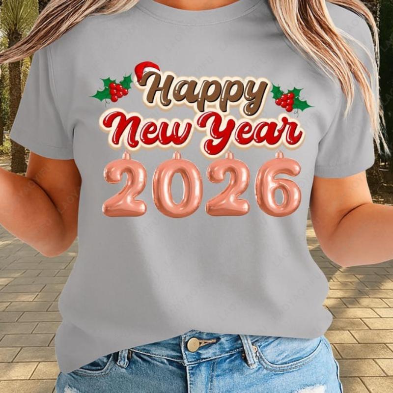 Happy New Year 2026 Shirt Cute Balloon Simple Style Letters Unisex Adult Cotton Tshirts Festival Xmas NYE Party Breathable Tops