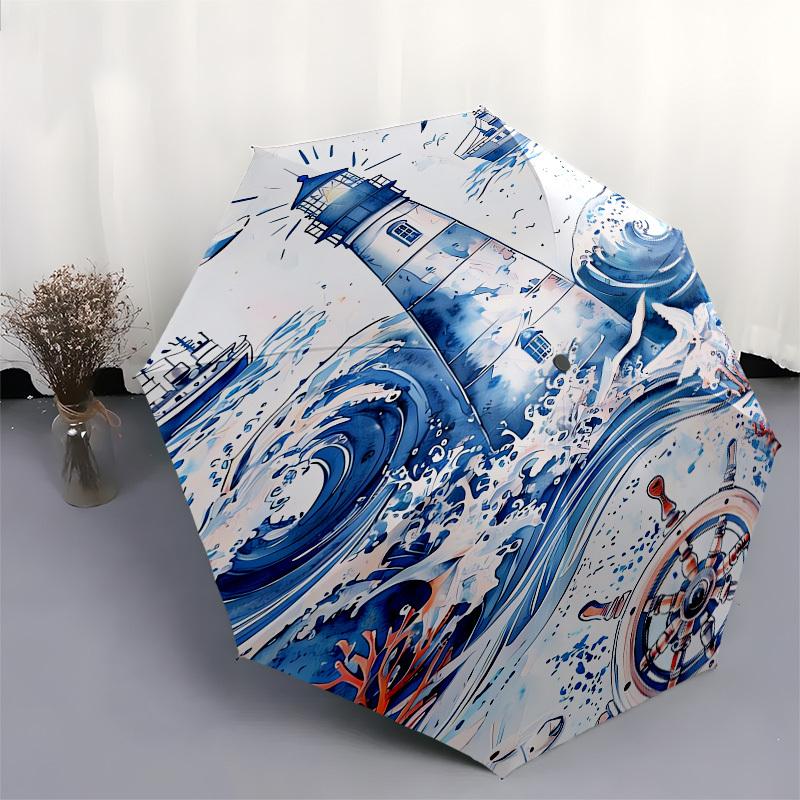 1pc Ocean Lighthouse Navigation Umbrella with Plastic Handle, Suitable for All Seasons Outdoor PT422
