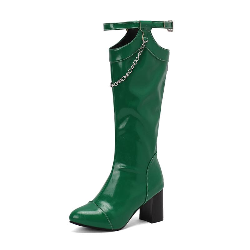 FOREADA Women Knee High Boots Round Toe Chunky High Heels Chain Buckle Zipper Long Boots Ladies Fashion Shoes Autumn Winter 46
