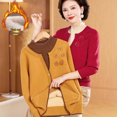 Elegante Conjunto de Invierno de Dos Piezas para Mamá, Camisa Térmica Base Gruesa para Mujeres de Mediana Edad y Mayores, Suéter Engrosado con Forro de Lana