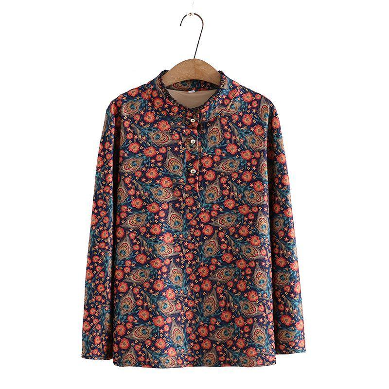 Autumn Bottoming Shirt T-shirt Women's Plus Size Loose Belly Covering Western Style Lace Collar Printed Long-sleeved Top