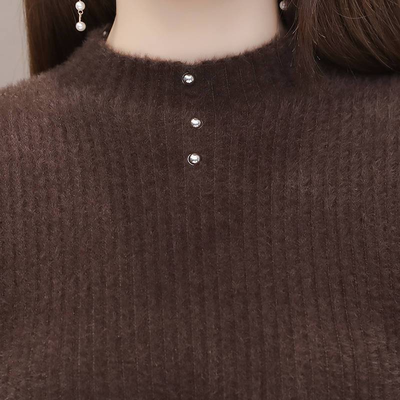 Herbst- und Winter Knie-lange Kleider Damen Mesh Strickkleider Spitze Strickkleider Halbrollkragen Pullover