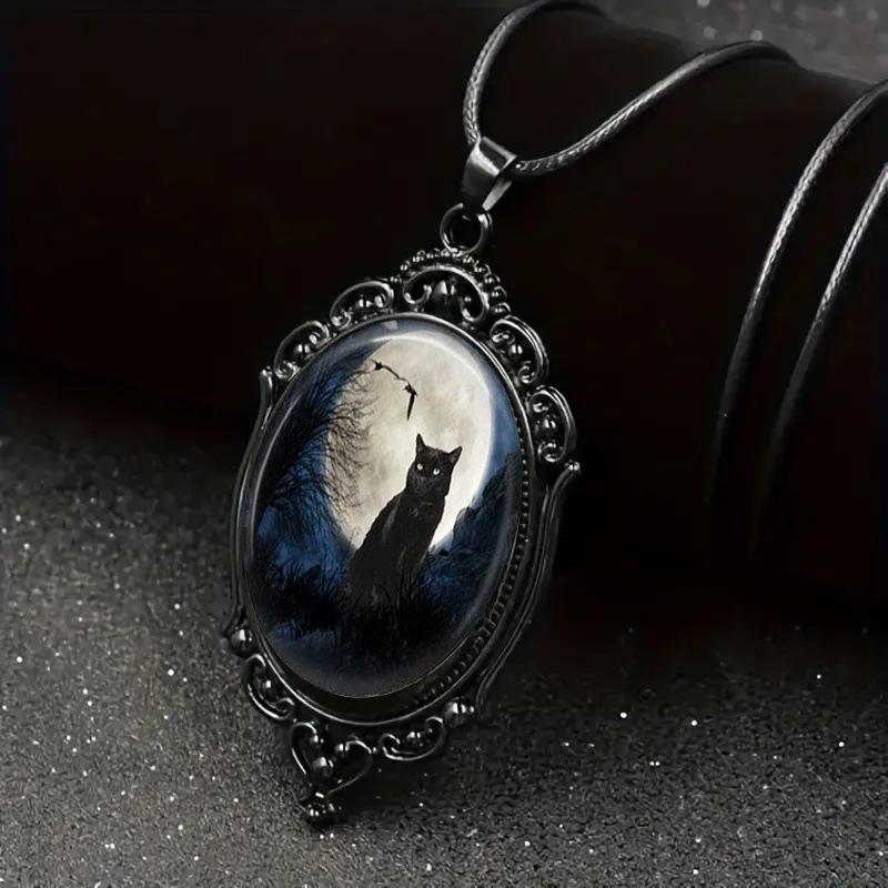 Black Cat Pattern Oval Glass Alloy Pendant Necklace in Moonlit Night
