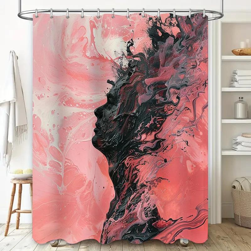 Modern Bathroom Shower Curtain with Abstract Pink and Black Swirl Design Polyester Fabric for Waterproof Protection