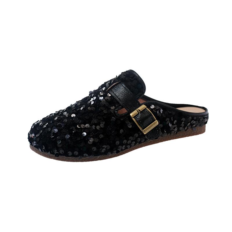 Mezze pantofole francesi con paillettes Baotou da donna, nuove per la primavera e l'estate, da indossare fuori, con carattere, Mary Jane, scarpe basse