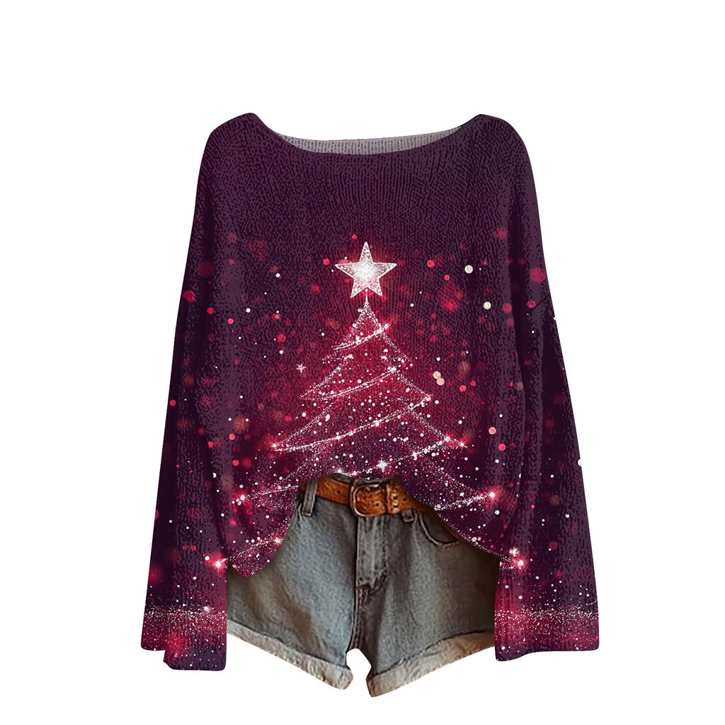 Ladies' Fashionable Casual Long Sleeved Christmas Printed Round Neck Knitted Yarn