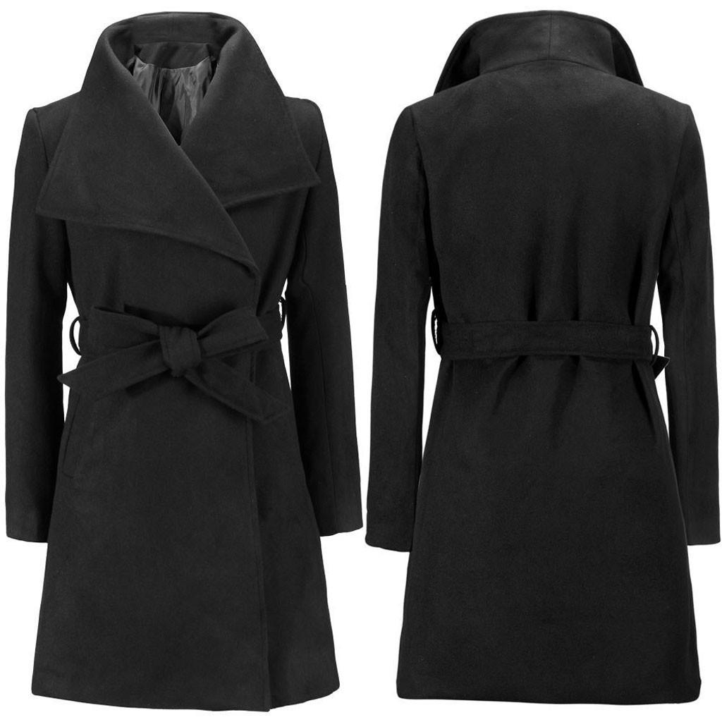 Womens Long Coat Warm Wool Lapel Trench Jacket Cardigan Long Slim Overcoat