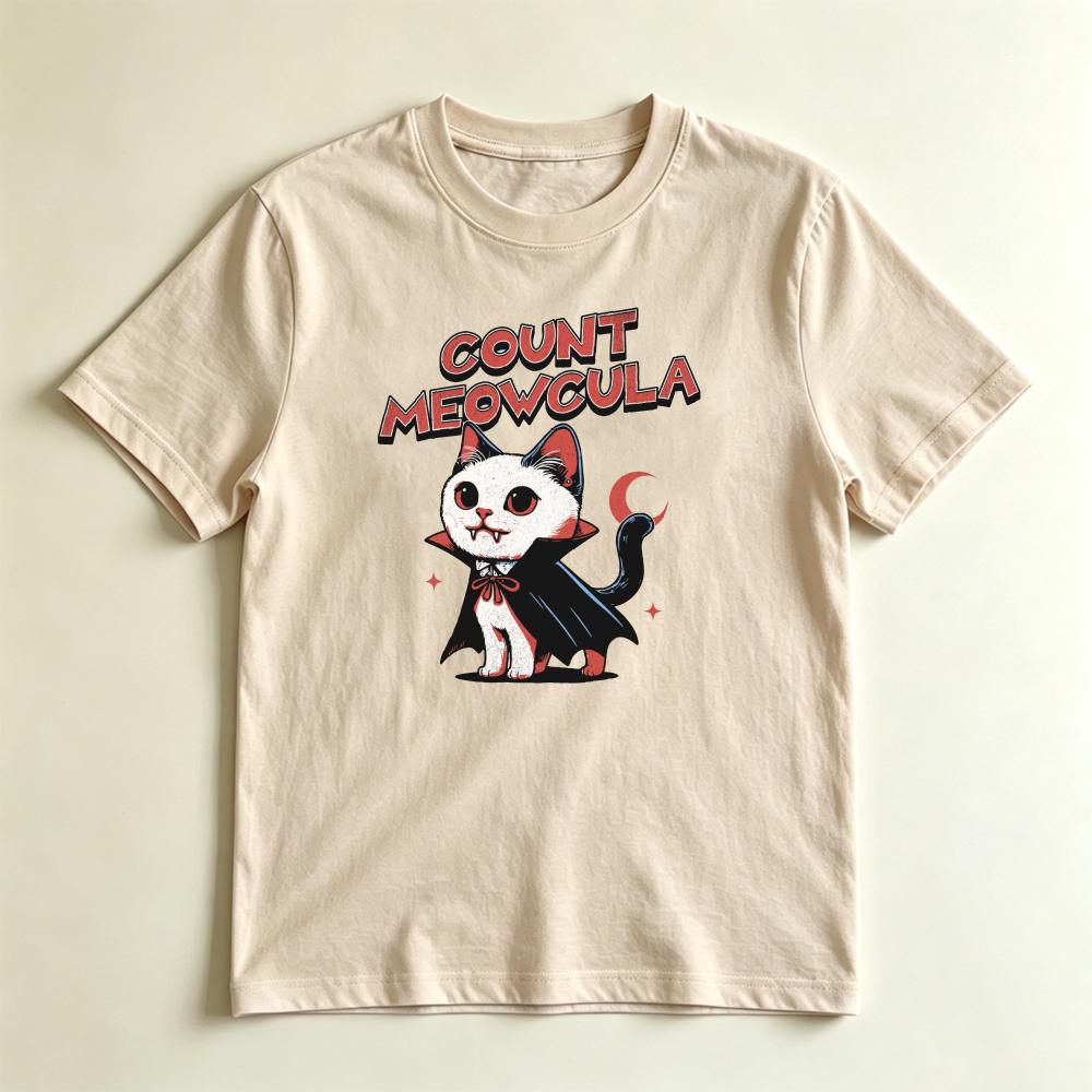 Retro Cartoon Vampire Cat Shirt Count Meowcula Halloween Kitten Crescent Moon Graphic Vintage Funny Animal Print Unisex Casual T