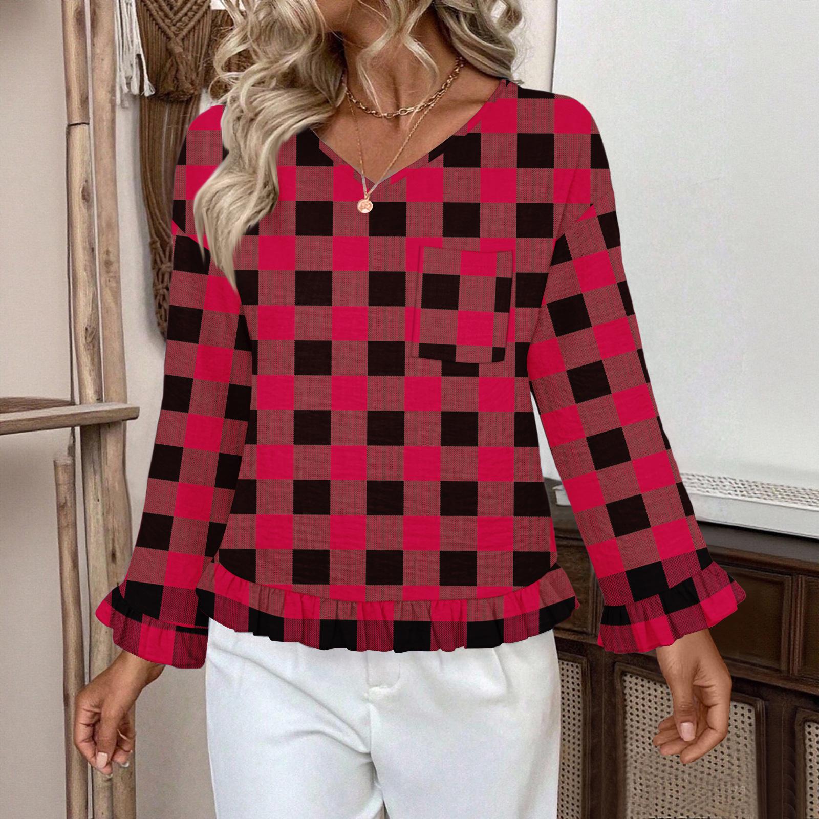 

Женский повседневный модный топ с оборками, V-образным вырезом, карманом и клетчатым принтом, с длинным рукавом S